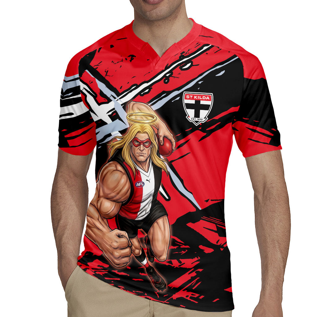 St Kilda Football Club Rugby Jersey Saints Muscular Mascot Graphic - Abstract Paint Splatter Art