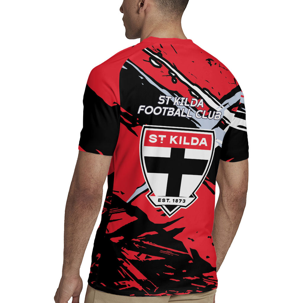 St Kilda Football Club Rugby Jersey Saints Muscular Mascot Graphic - Abstract Paint Splatter Art