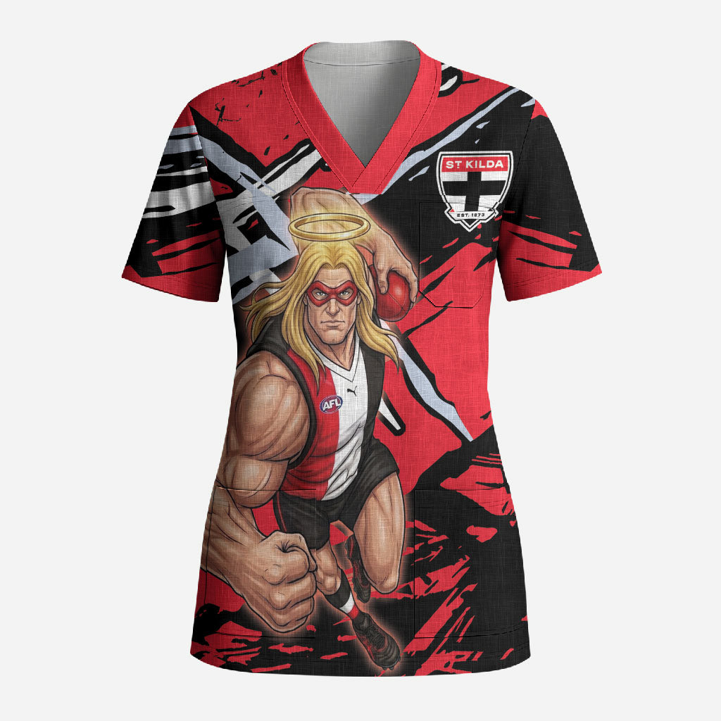 St Kilda Football Club Scrub Top Saints Muscular Mascot Graphic - Abstract Paint Splatter Art