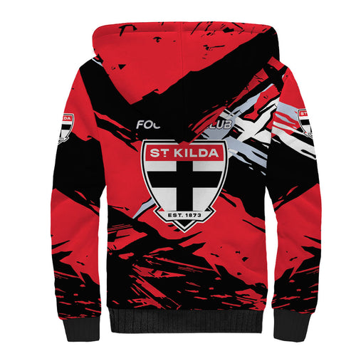 St Kilda Football Club Sherpa Hoodie Saints Muscular Mascot Graphic - Abstract Paint Splatter Art