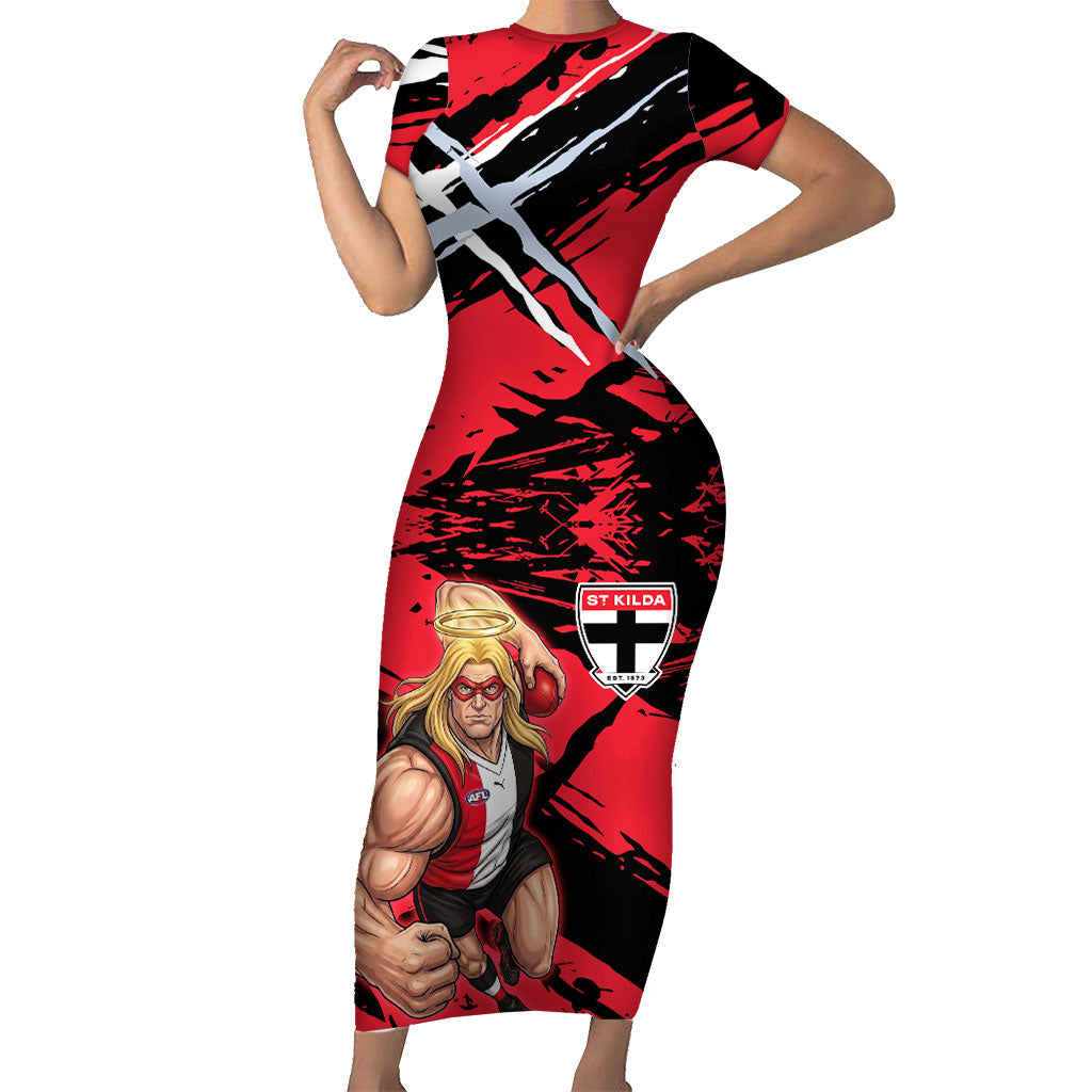 St Kilda Football Club Short Sleeve Bodycon Dress Saints Muscular Mascot Graphic - Abstract Paint Splatter Art