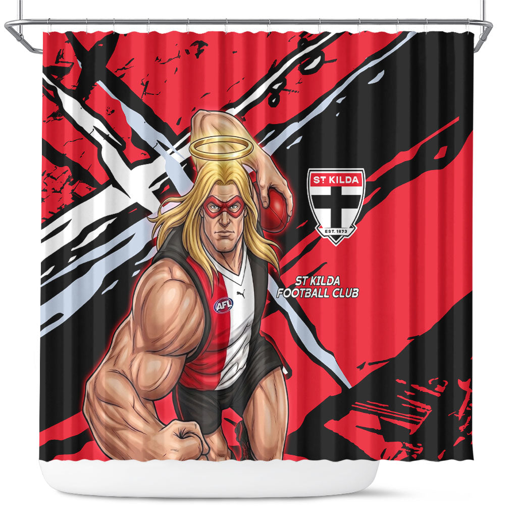 St Kilda Football Club Shower Curtain Saints Muscular Mascot Graphic - Abstract Paint Splatter Art