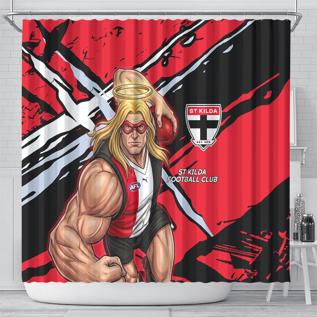 St Kilda Football Club Shower Curtain Saints Muscular Mascot Graphic - Abstract Paint Splatter Art