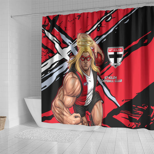 St Kilda Football Club Shower Curtain Saints Muscular Mascot Graphic - Abstract Paint Splatter Art