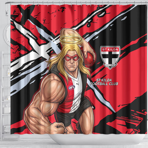 St Kilda Football Club Shower Curtain Saints Muscular Mascot Graphic - Abstract Paint Splatter Art