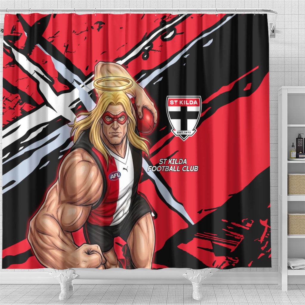 St Kilda Football Club Shower Curtain Saints Muscular Mascot Graphic - Abstract Paint Splatter Art