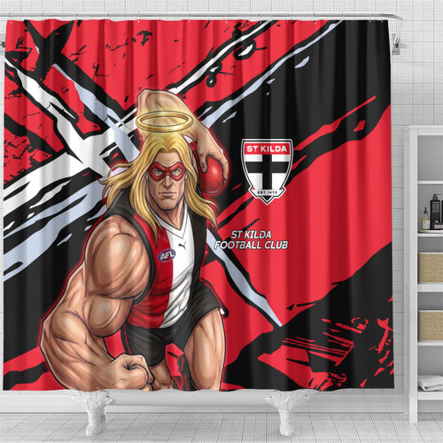 St Kilda Football Club Shower Curtain Saints Muscular Mascot Graphic - Abstract Paint Splatter Art