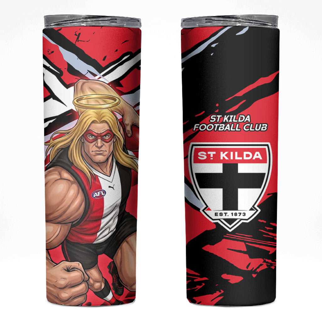 St Kilda Football Club Skinny Tumbler Saints Muscular Mascot Graphic - Abstract Paint Splatter Art