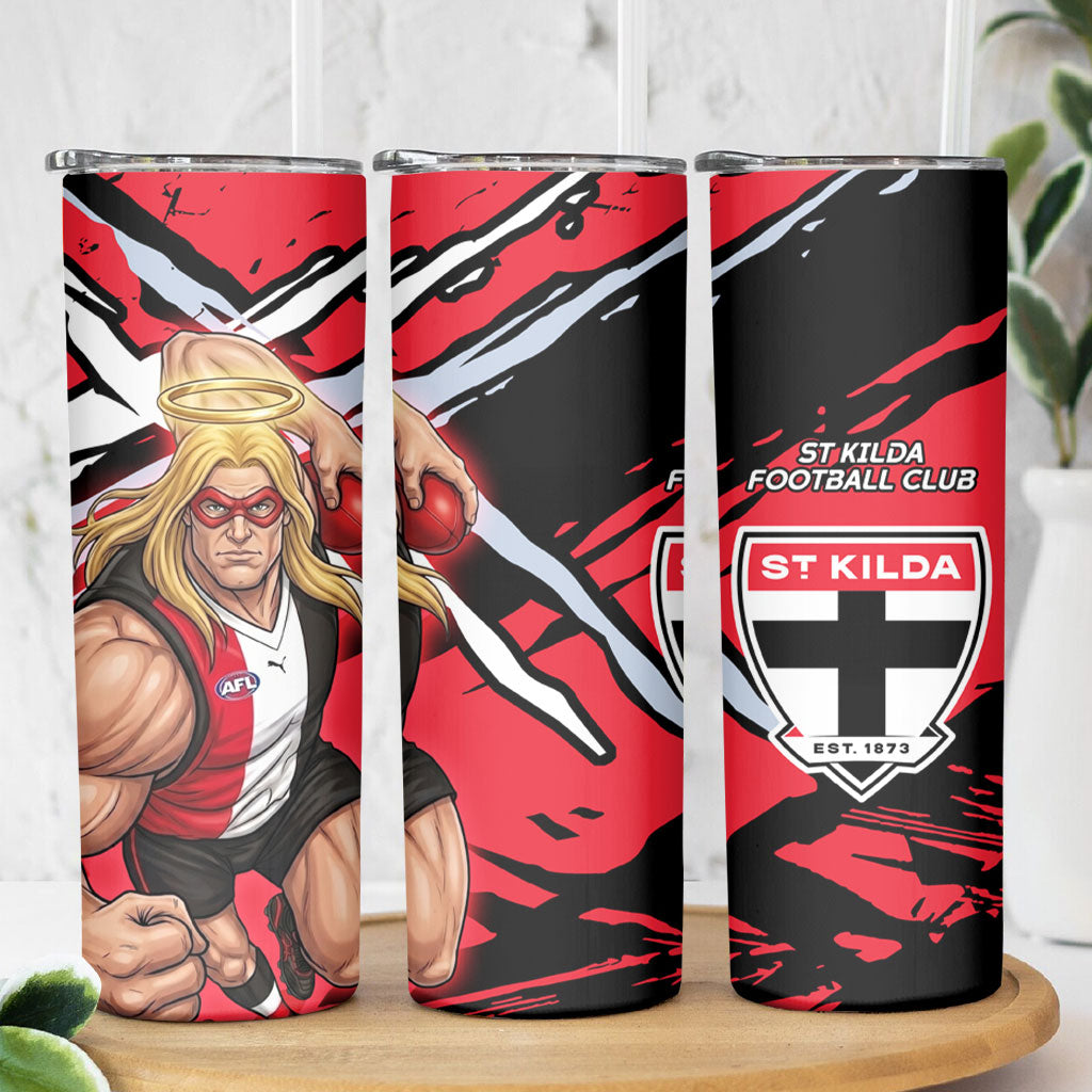 St Kilda Football Club Skinny Tumbler Saints Muscular Mascot Graphic - Abstract Paint Splatter Art
