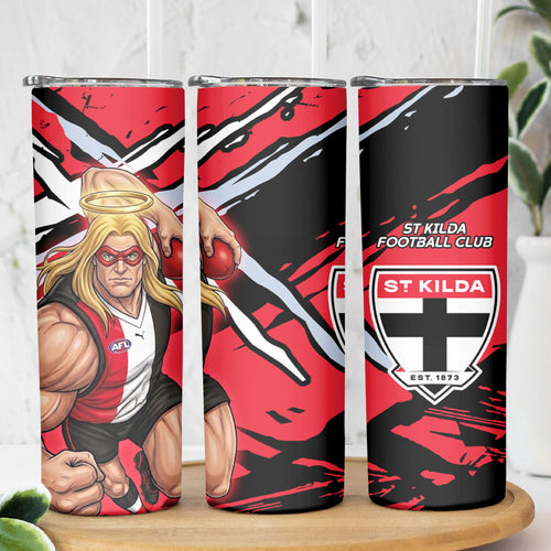 St Kilda Football Club Skinny Tumbler Saints Muscular Mascot Graphic - Abstract Paint Splatter Art