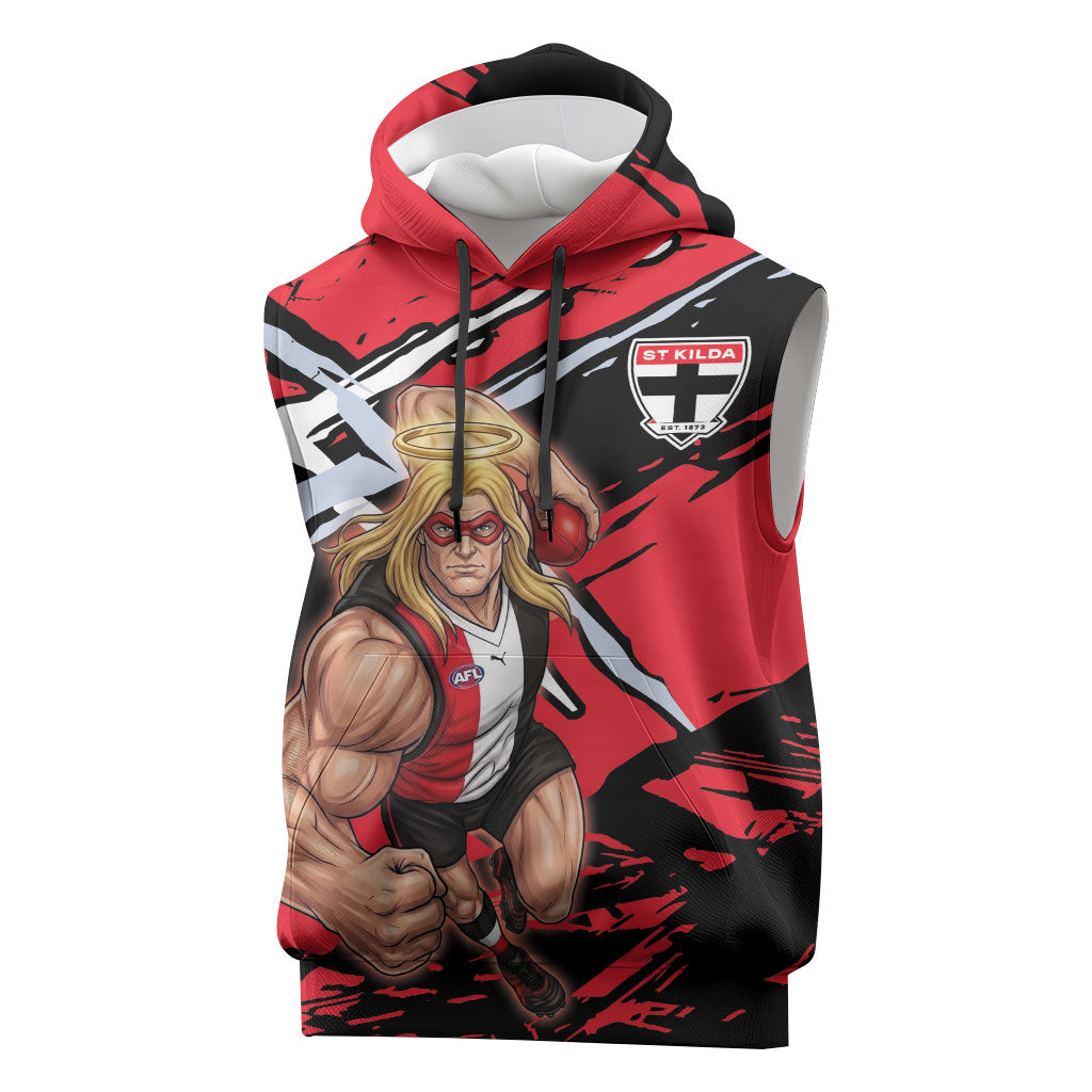 St Kilda Football Club Sleeveless Hoodie Saints Muscular Mascot Graphic - Abstract Paint Splatter Art
