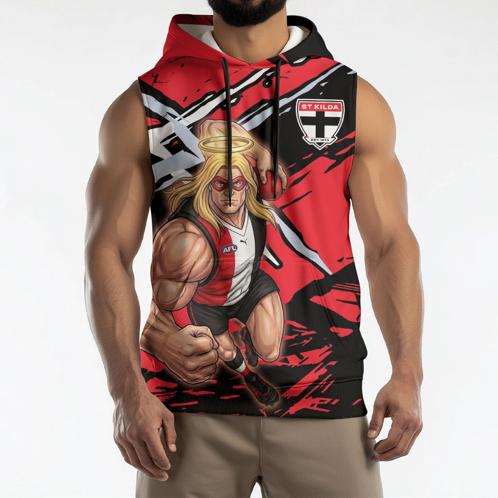 St Kilda Football Club Sleeveless Hoodie Saints Muscular Mascot Graphic - Abstract Paint Splatter Art