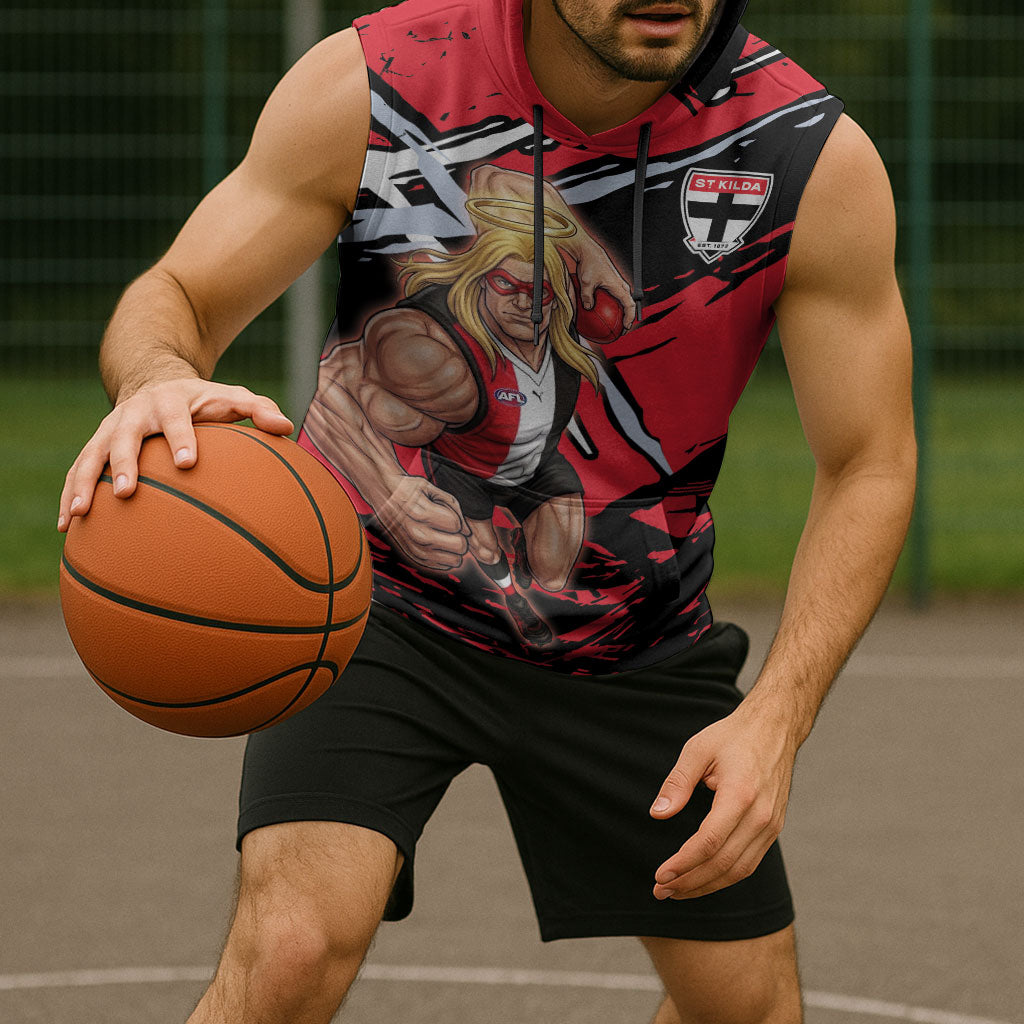 St Kilda Football Club Sleeveless Hoodie Saints Muscular Mascot Graphic - Abstract Paint Splatter Art