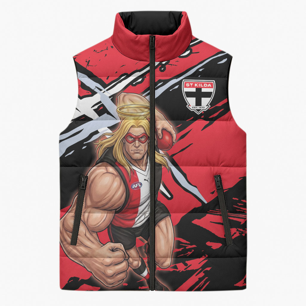 St Kilda Football Club Sleeveless Puffer Jacket Saints Muscular Mascot Graphic - Abstract Paint Splatter Art