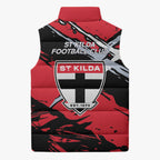 St Kilda Football Club Sleeveless Puffer Jacket Saints Muscular Mascot Graphic - Abstract Paint Splatter Art