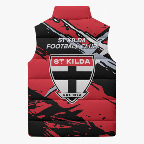 St Kilda Football Club Sleeveless Puffer Jacket Saints Muscular Mascot Graphic - Abstract Paint Splatter Art