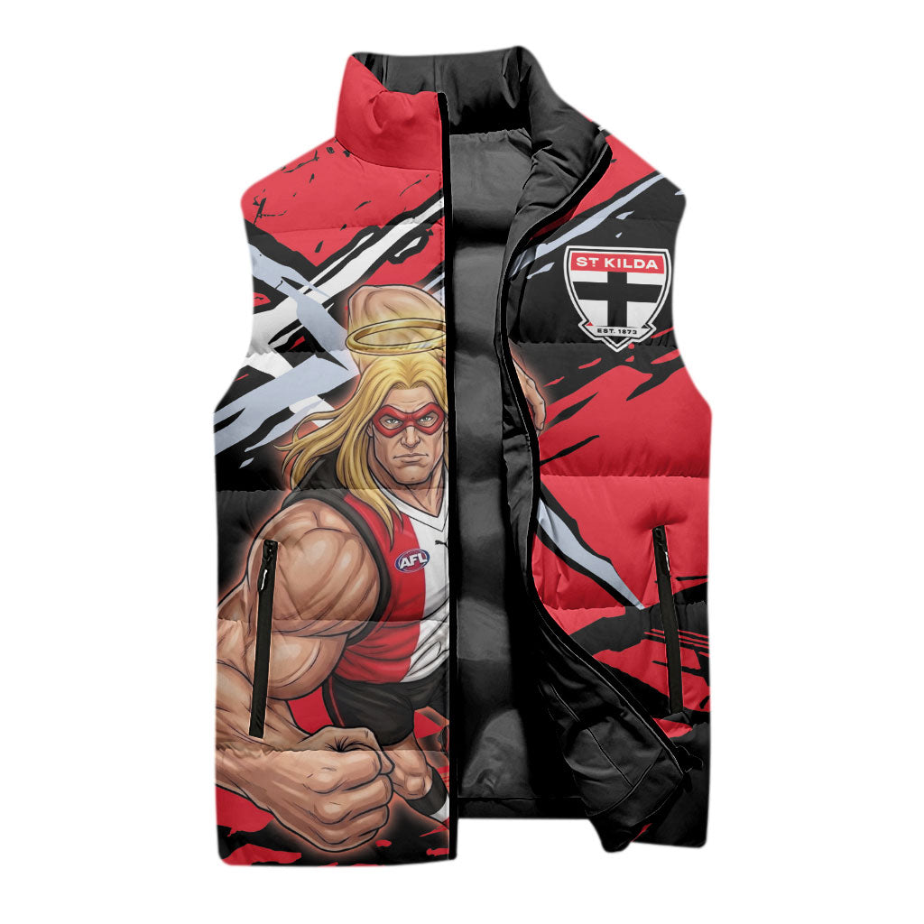 St Kilda Football Club Sleeveless Puffer Jacket Saints Muscular Mascot Graphic - Abstract Paint Splatter Art