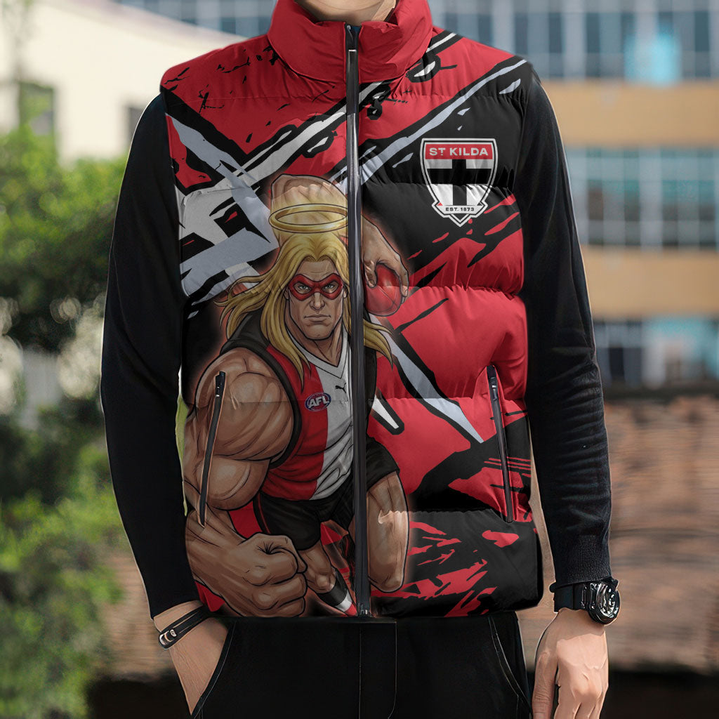 St Kilda Football Club Sleeveless Puffer Jacket Saints Muscular Mascot Graphic - Abstract Paint Splatter Art