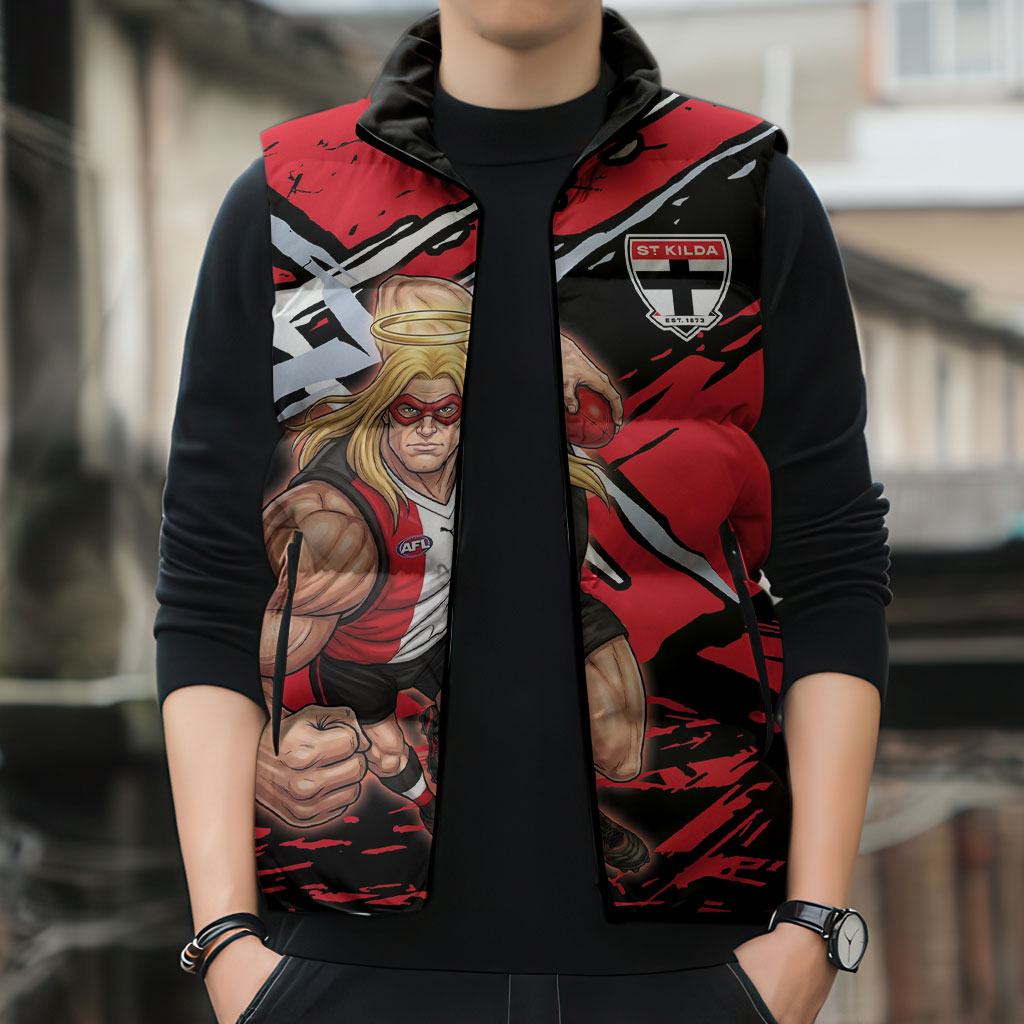 St Kilda Football Club Sleeveless Puffer Jacket Saints Muscular Mascot Graphic - Abstract Paint Splatter Art