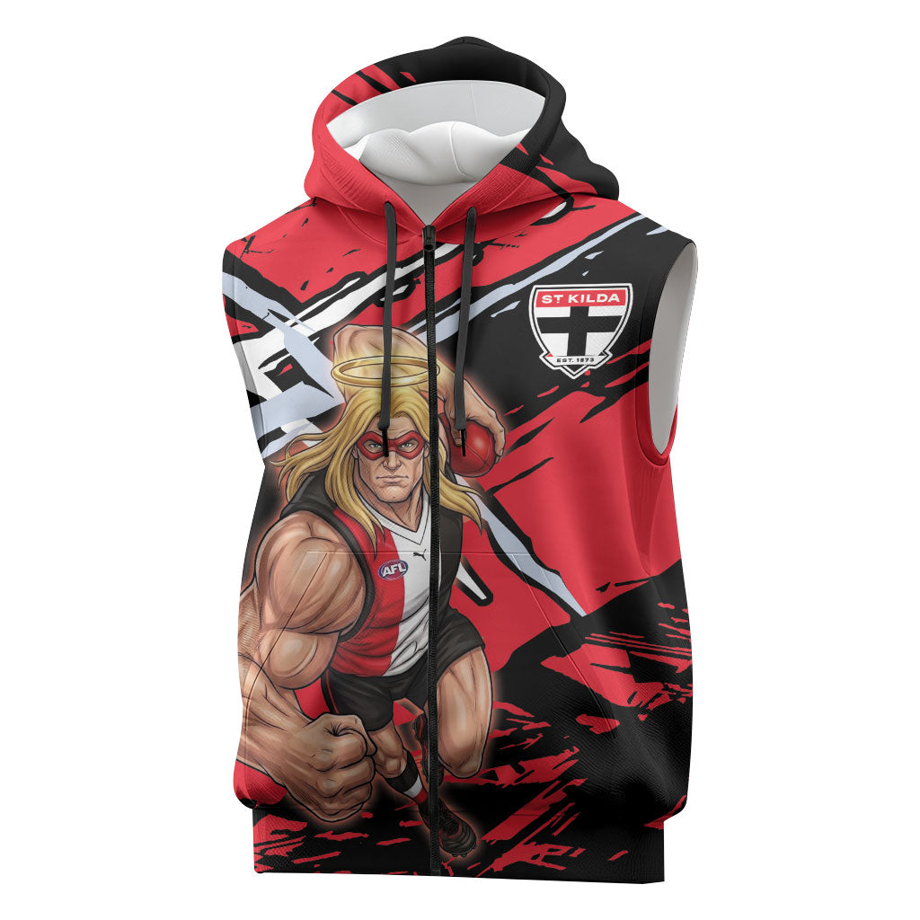 St Kilda Football Club Sleeveless Zip Hoodie Saints Muscular Mascot Graphic - Abstract Paint Splatter Art