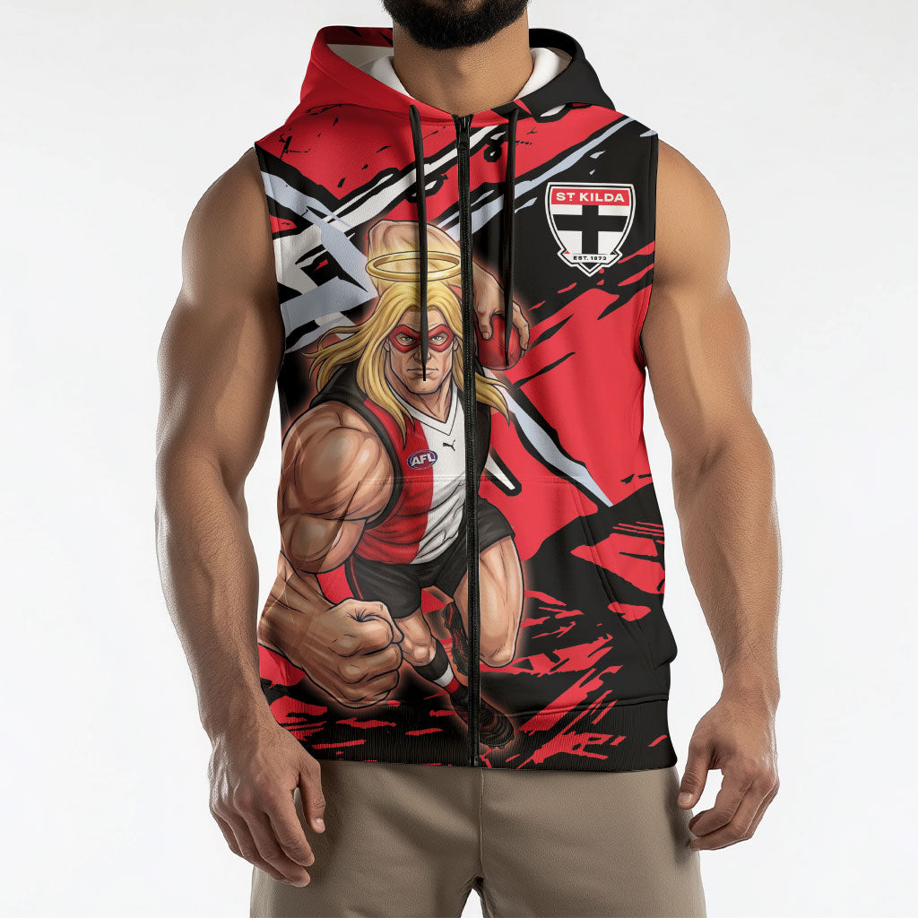 St Kilda Football Club Sleeveless Zip Hoodie Saints Muscular Mascot Graphic - Abstract Paint Splatter Art