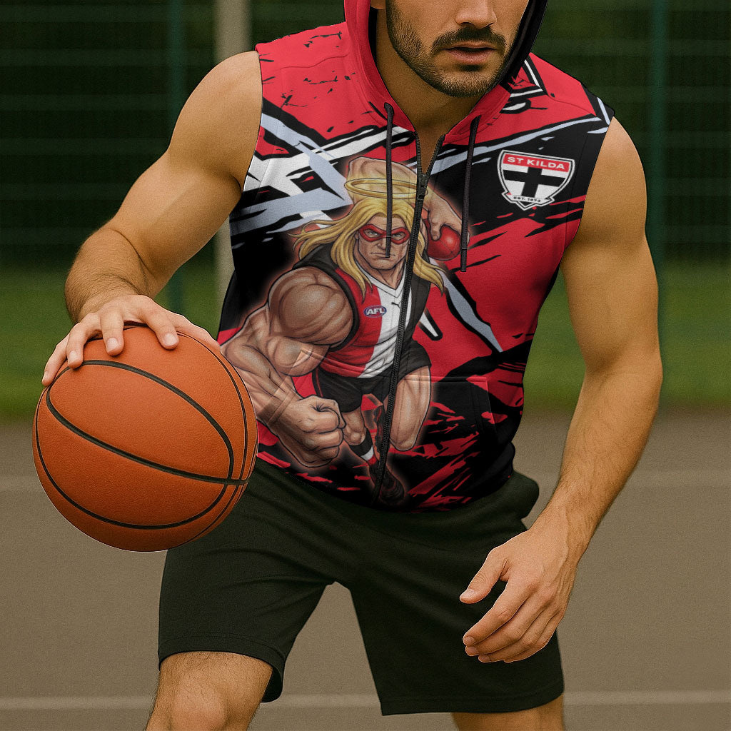 St Kilda Football Club Sleeveless Zip Hoodie Saints Muscular Mascot Graphic - Abstract Paint Splatter Art