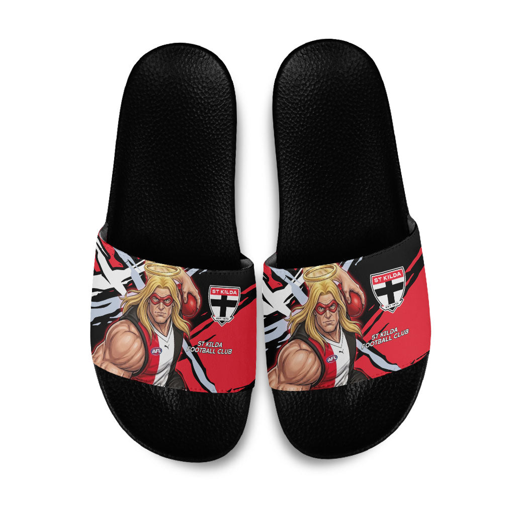 St Kilda Football Club Slide Sandals Saints Muscular Mascot Graphic - Abstract Paint Splatter Art