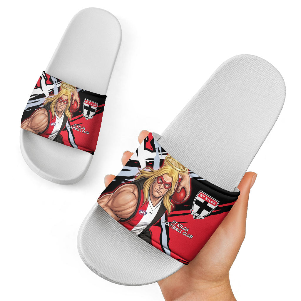 St Kilda Football Club Slide Sandals Saints Muscular Mascot Graphic - Abstract Paint Splatter Art