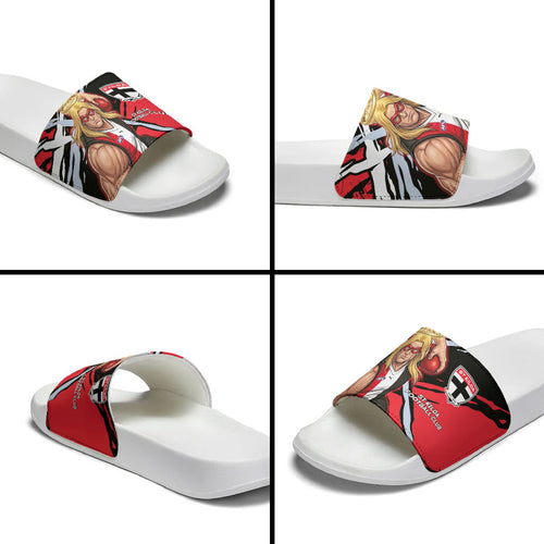 St Kilda Football Club Slide Sandals Saints Muscular Mascot Graphic - Abstract Paint Splatter Art