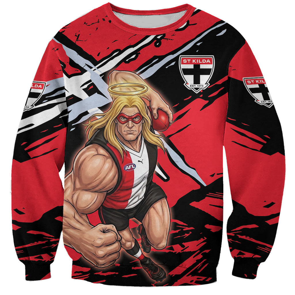 St Kilda Football Club Sweatshirt Saints Muscular Mascot Graphic - Abstract Paint Splatter Art