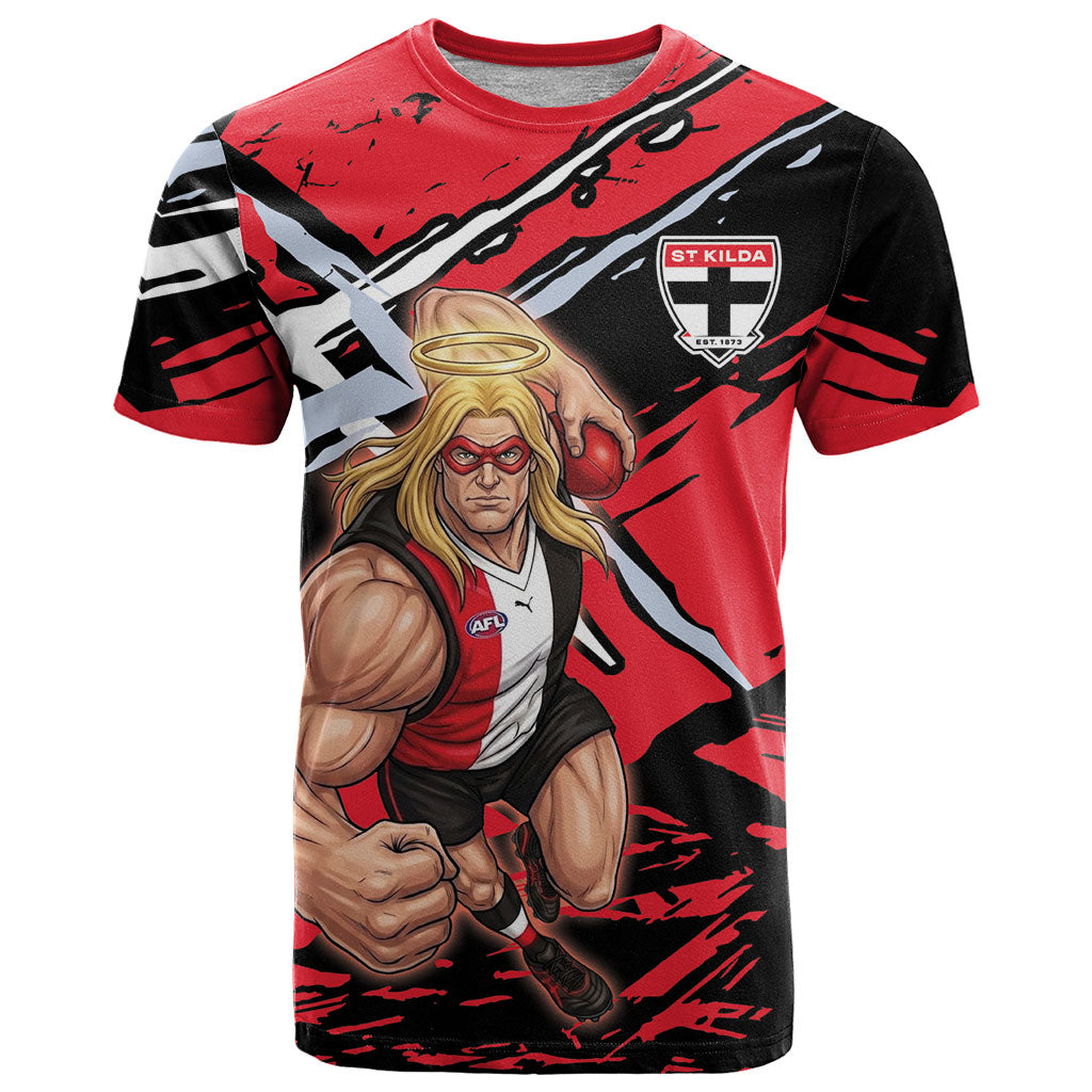 St Kilda Football Club T Shirt Saints Muscular Mascot Graphic - Abstract Paint Splatter Art