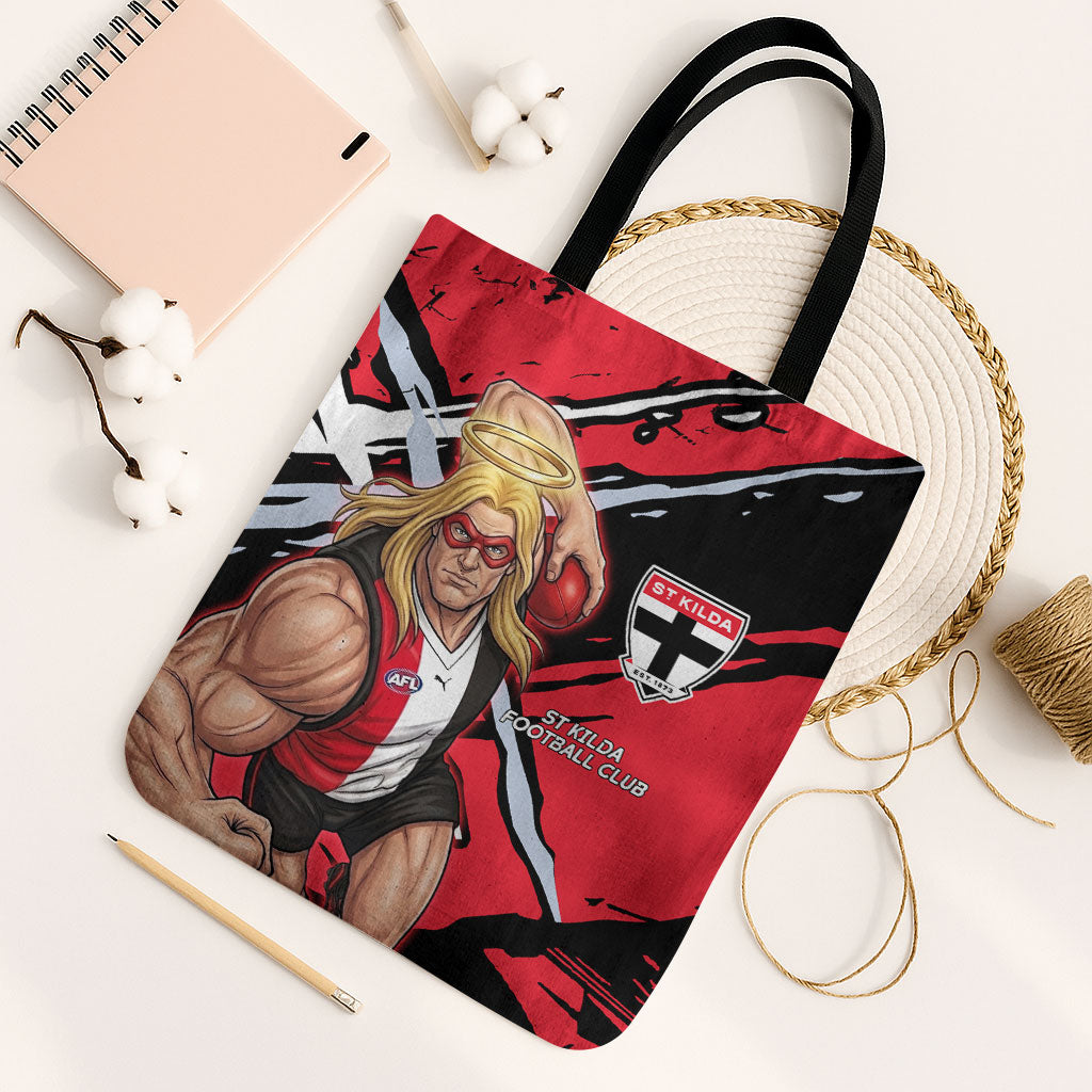 St Kilda Football Club Tote Bag Saints Muscular Mascot Graphic - Abstract Paint Splatter Art
