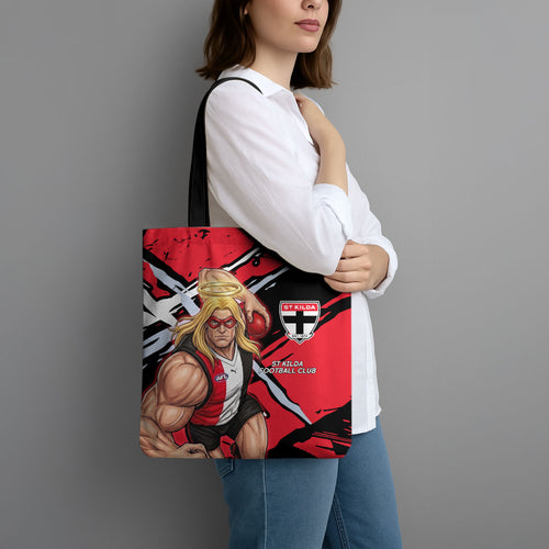 St Kilda Football Club Tote Bag Saints Muscular Mascot Graphic - Abstract Paint Splatter Art