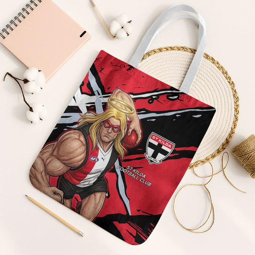 St Kilda Football Club Tote Bag Saints Muscular Mascot Graphic - Abstract Paint Splatter Art