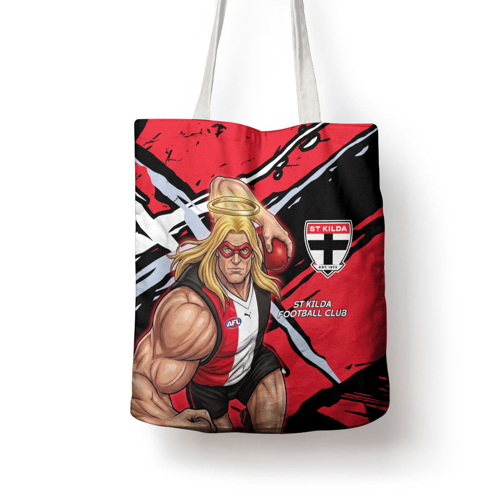 St Kilda Football Club Tote Bag Saints Muscular Mascot Graphic - Abstract Paint Splatter Art
