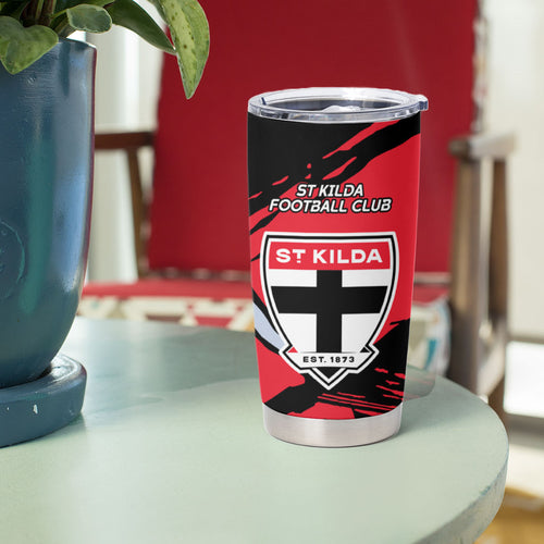 St Kilda Football Club Tumbler Cup Saints Muscular Mascot Graphic - Abstract Paint Splatter Art