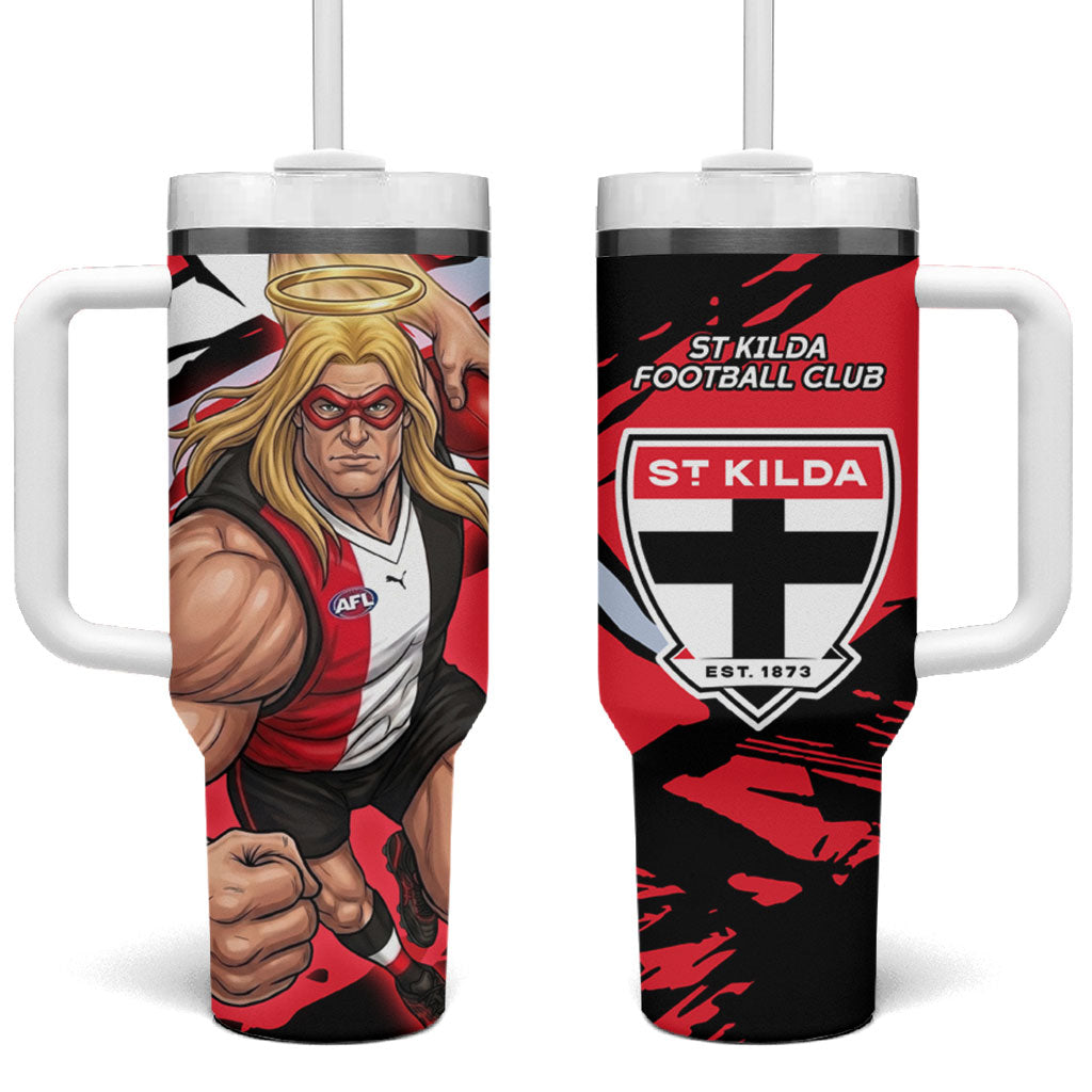 St Kilda Football Club Tumbler With Handle Saints Muscular Mascot Graphic - Abstract Paint Splatter Art