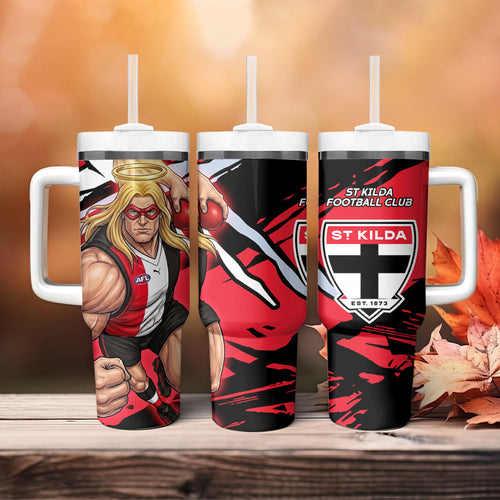 St Kilda Football Club Tumbler With Handle Saints Muscular Mascot Graphic - Abstract Paint Splatter Art