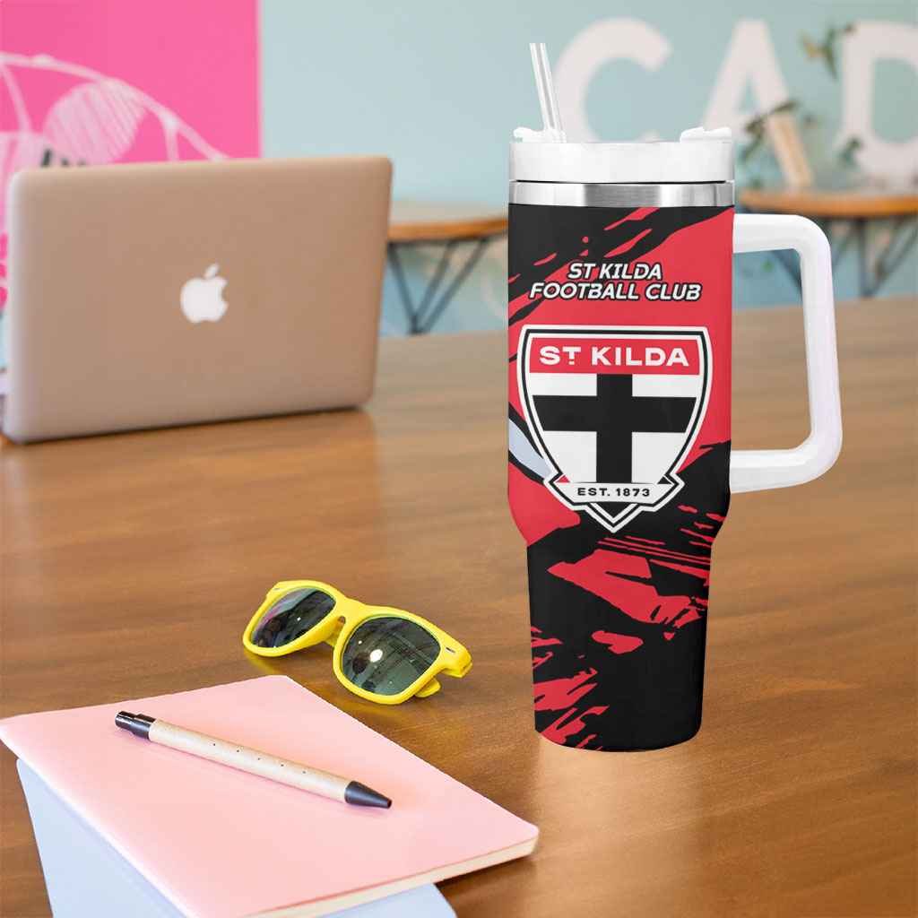 St Kilda Football Club Tumbler With Handle Saints Muscular Mascot Graphic - Abstract Paint Splatter Art