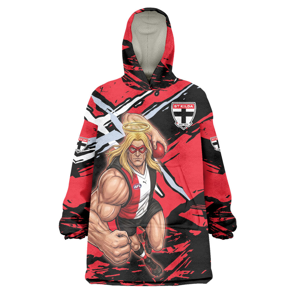 St Kilda Football Club Wearable Blanket Hoodie Saints Muscular Mascot Graphic - Abstract Paint Splatter Art