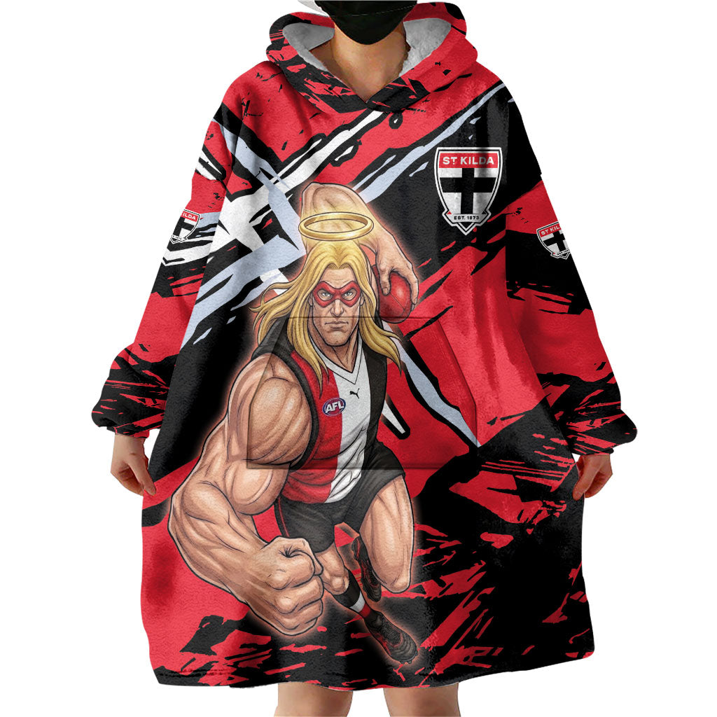St Kilda Football Club Wearable Blanket Hoodie Saints Muscular Mascot Graphic - Abstract Paint Splatter Art