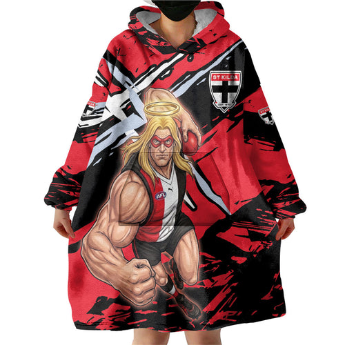 St Kilda Football Club Wearable Blanket Hoodie Saints Muscular Mascot Graphic - Abstract Paint Splatter Art