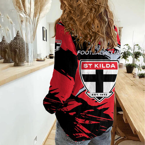 St Kilda Football Club Women Casual Shirt Saints Muscular Mascot Graphic - Abstract Paint Splatter Art