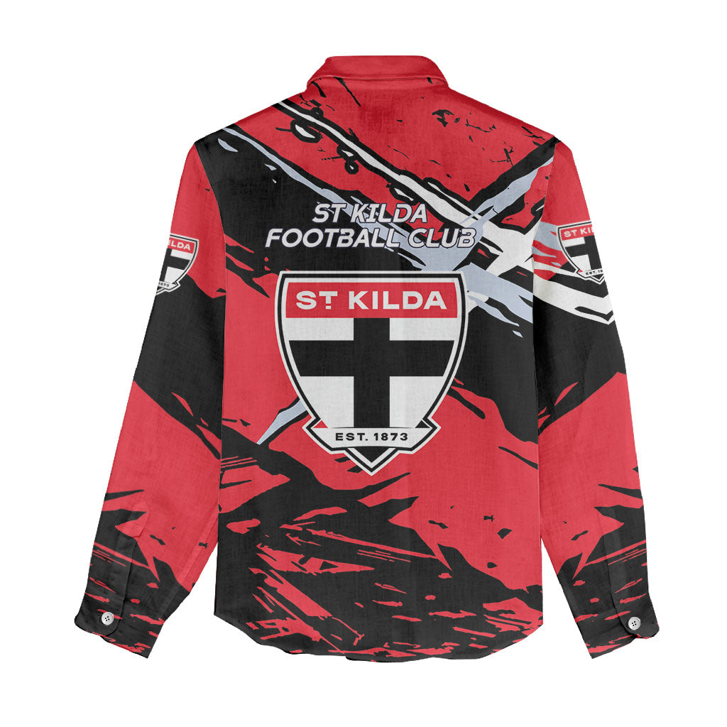 St Kilda Football Club Women Casual Shirt Saints Muscular Mascot Graphic - Abstract Paint Splatter Art