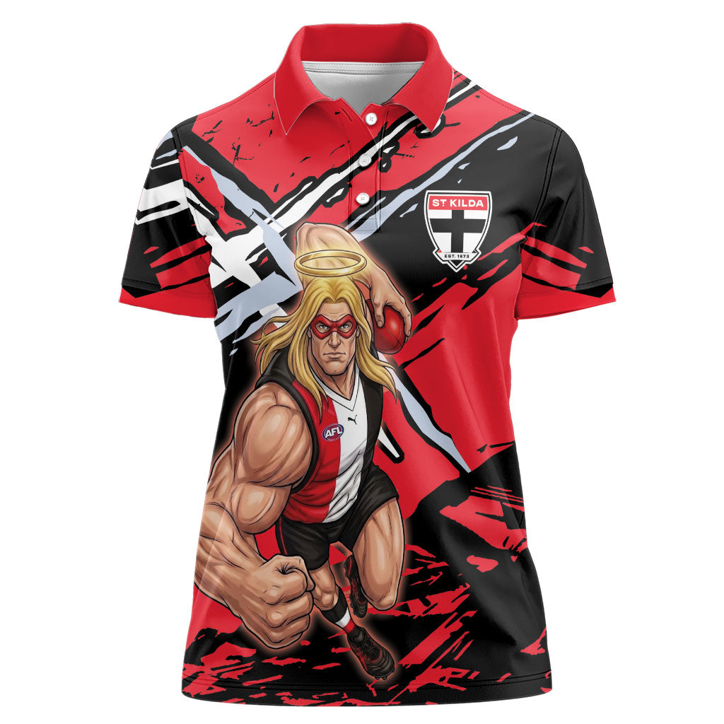 St Kilda Football Club Women Polo Shirt Saints Muscular Mascot Graphic - Abstract Paint Splatter Art