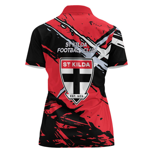 St Kilda Football Club Women Polo Shirt Saints Muscular Mascot Graphic - Abstract Paint Splatter Art