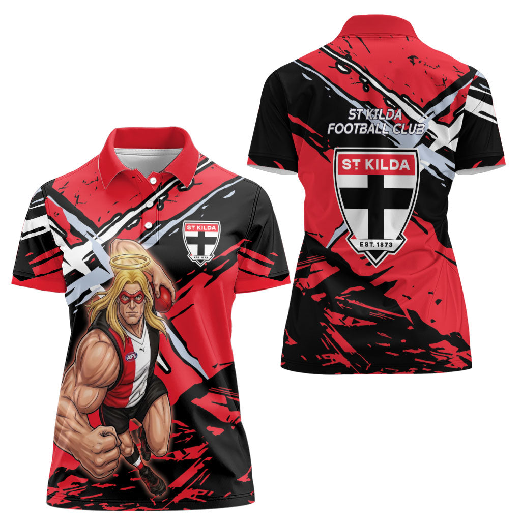 St Kilda Football Club Women Polo Shirt Saints Muscular Mascot Graphic - Abstract Paint Splatter Art