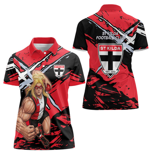 St Kilda Football Club Women Polo Shirt Saints Muscular Mascot Graphic - Abstract Paint Splatter Art