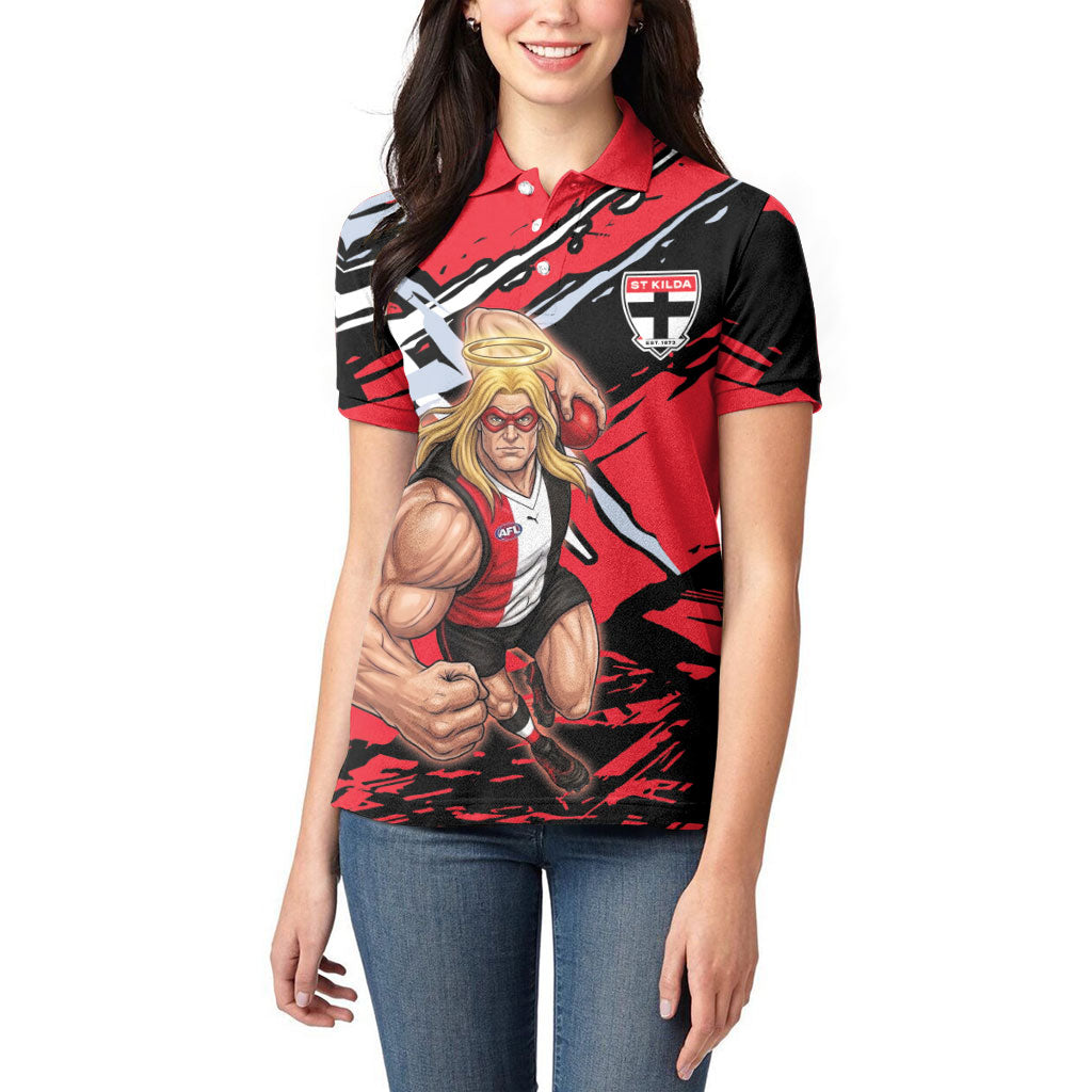 St Kilda Football Club Women Polo Shirt Saints Muscular Mascot Graphic - Abstract Paint Splatter Art