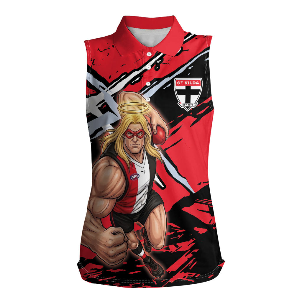 St Kilda Football Club Women Sleeveless Polo Shirt Saints Muscular Mascot Graphic - Abstract Paint Splatter Art